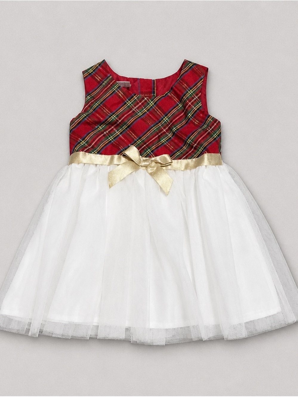Bonnie Baby Red Plaid Bodice with White Tulle Skirt and Gold Bow